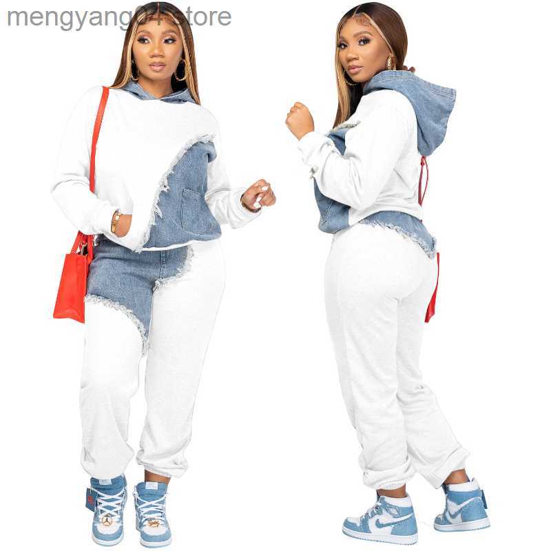 Women's Two Piece Pants Tassel Jeans Patchwork Two Piece Set Women Long Sleeve Pullover Hoodies Top Sweat Pants Fashion Jogging Suits Casual Trac