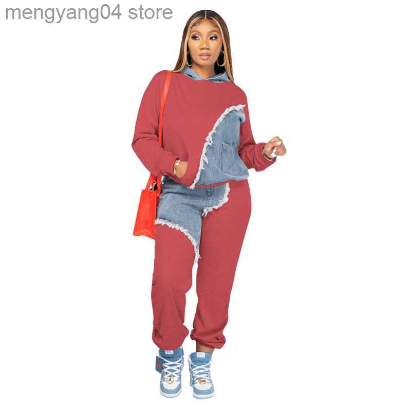 Women's Two Piece Pants Tassel Jeans Patchwork Two Piece Set Women Long Sleeve Pullover Hoodies Top Sweat Pants Fashion Jogging Suits Casual Trac