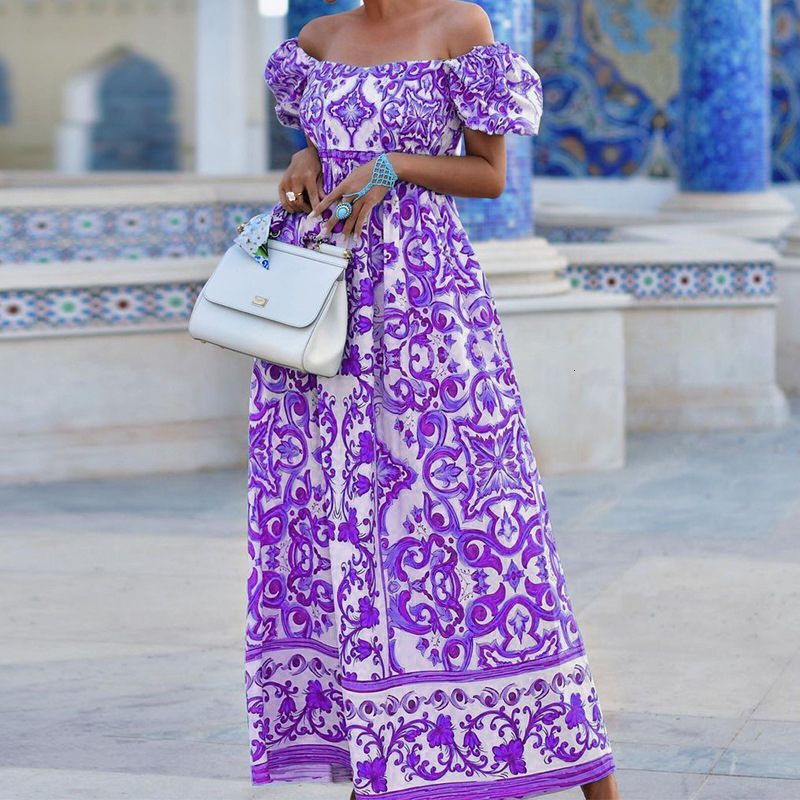 Basic Casual Dresses FD1247 Spring New Womens Fashion One Line Collar Bohemian Print Dress 210524