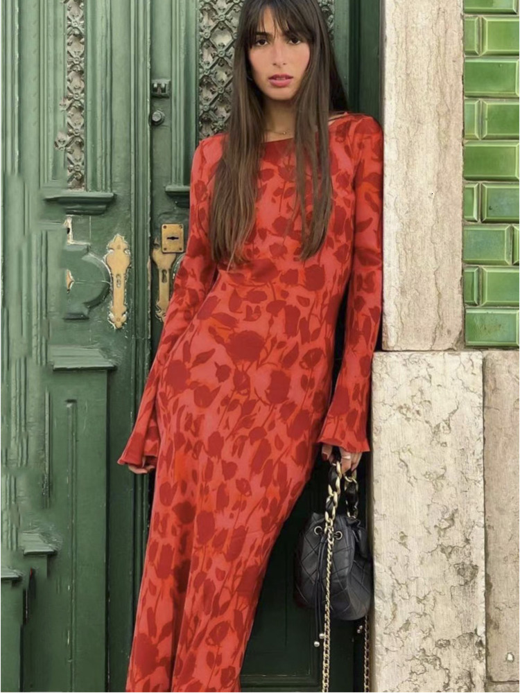 Urban Sexy Dresses JULISSA MO Ladies Elegant Chiffon Floral Print Flare Sleeve Maxi Dress For Women's Summer Slim Beach Holiday Party Dress Vesti