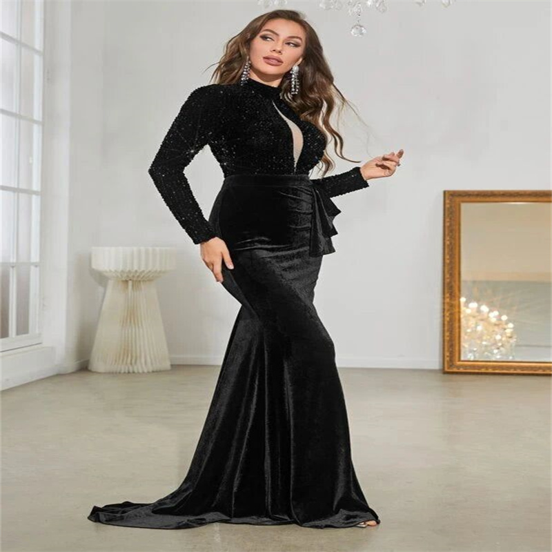 Elegant Sequin Black Evening Dress 2023 Long Sleeve High Neck Plus Size Velvet Prom Dress Chic Formal Occasion Party Arabic Gown Dubai Abaya Evening G