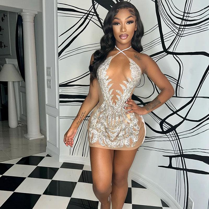Casual Dresses Diamonds Rhinestone Party Birthday Dress For Women Night Club Mesh See Through Halter V-neck Backless Sexy Bodycon Mini AAA