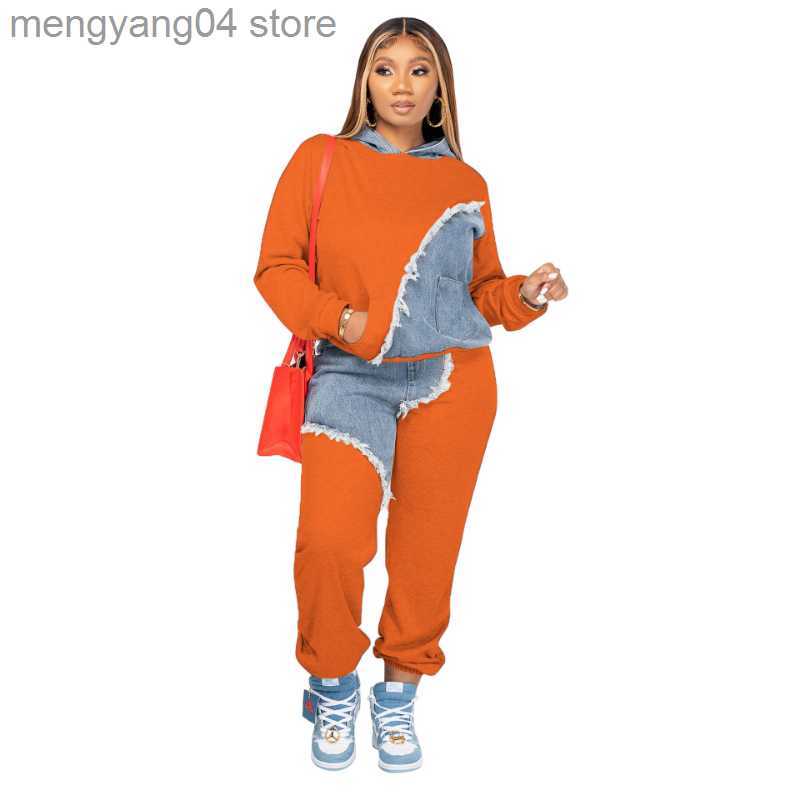Women's Two Piece Pants Tassel Jeans Patchwork Two Piece Set Women Long Sleeve Pullover Hoodies Top Sweat Pants Fashion Jogging Suits Casual Trac