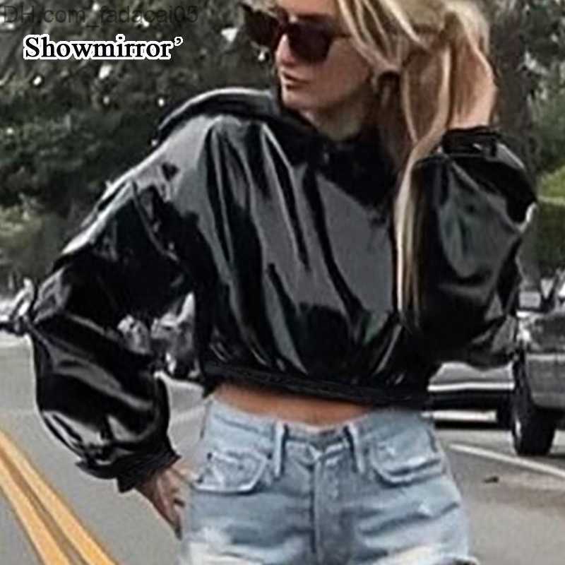 Women's Down Parkas ShowmirrorFashion PU leather jacket women's Hoodie jacket autumn 2021 black bomber women's oversized Y2k jacket Z23