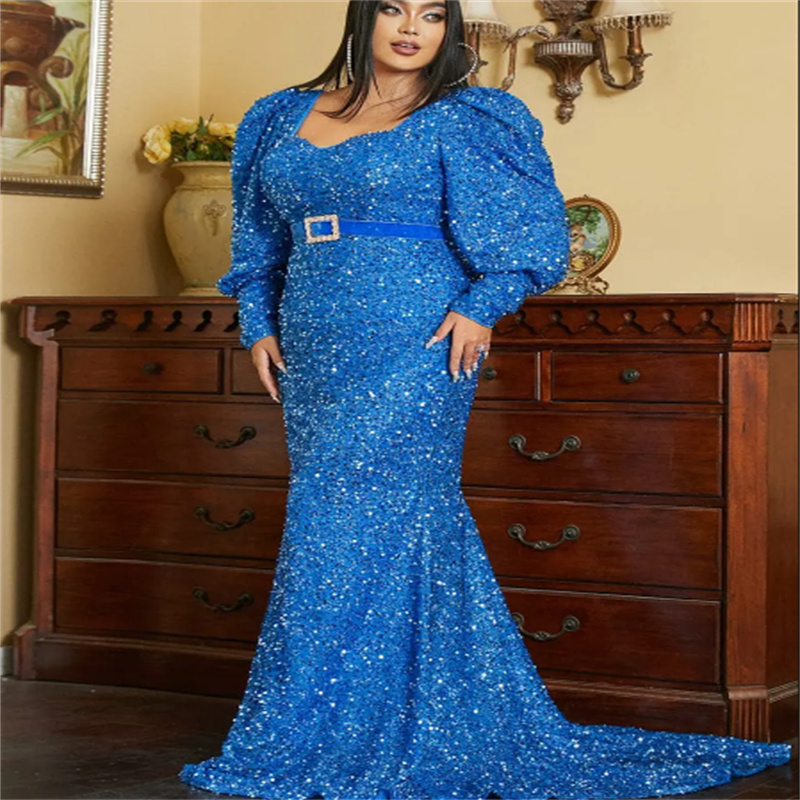 Plus Size Blue Sequin Evening Dress 2023 South African Mermaid Long Sleeve Prom Dress For Black Girls Sparkle Formal Party Gown Elegant Birthday Dance