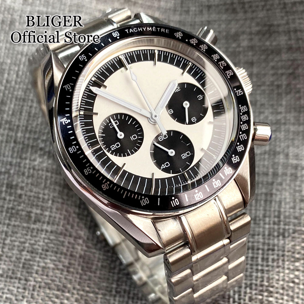 Other Watches Sport 40mm Chronograph Multifunction Quartz Watch Men VK63 Movement Black White Dial Stainless Steel Strap Montre homme 230714