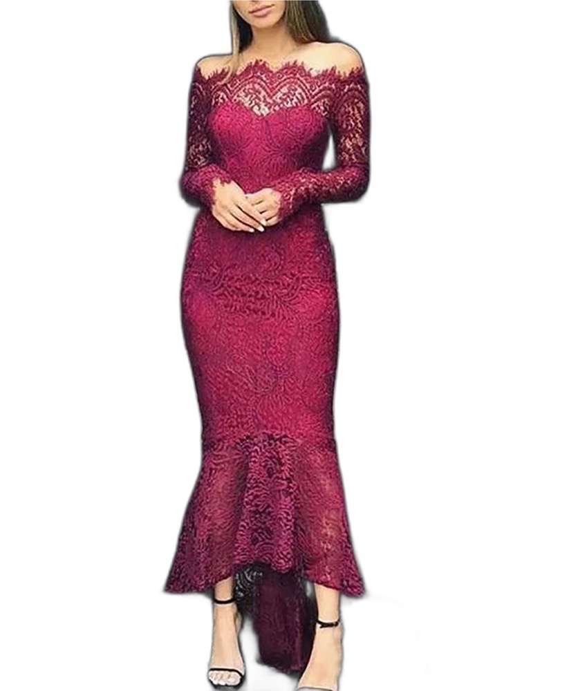Burgundy Mermaid Wedding Guest Dress Off Shoulder African Bridesmaid Dresses Long Sleeve Maid of Honor Cheap Cocktail Party