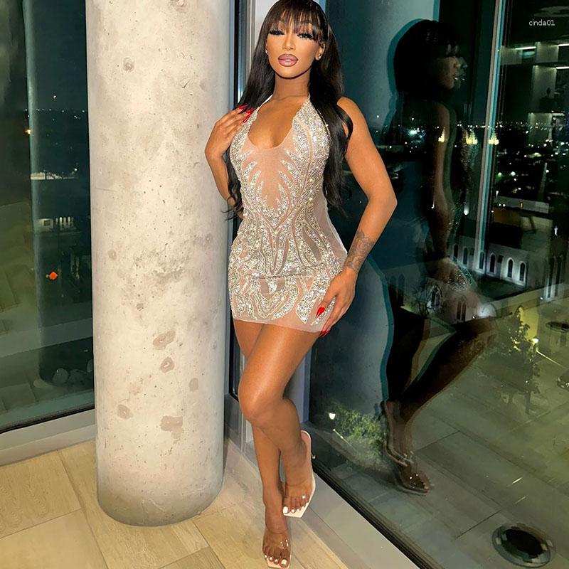 Casual Dresses Diamonds Rhinestone Party Birthday Dress For Women Night Club Mesh See Through Halter V-neck Backless Sexy Bodycon Mini AAA