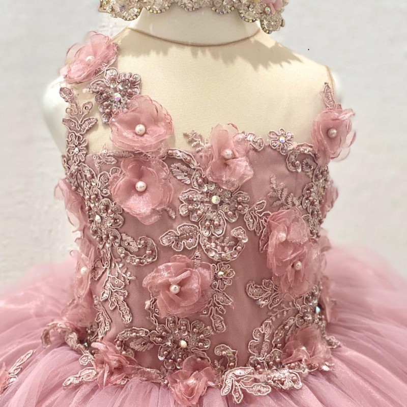 Pink O-Neck Flower Girls Dress Sleevelessprincess Ball Gown Applique Crystals Beads 3Dflower Tull Vestidos Para Ninas