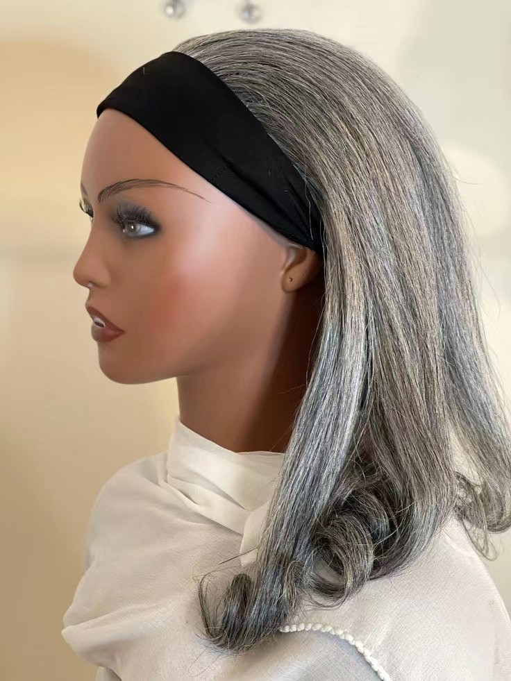 Headband Wig Salt & Pepper Colored Real Human Hair Glueless Wigs Silver Gray Straight natura Hair For Older Women 12inch 150%density