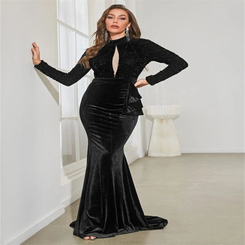 Elegant Sequin Black Evening Dress 2023 Long Sleeve High Neck Plus Size Velvet Prom Dress Chic Formal Occasion Party Arabic Gown Dubai Abaya Evening G