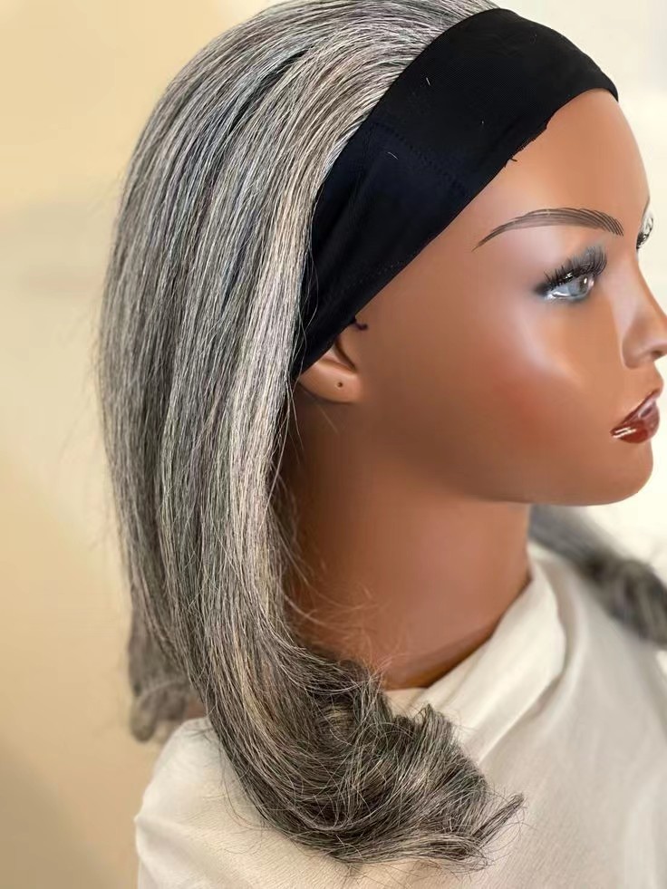 Headband Wig Salt & Pepper Colored Real Human Hair Glueless Wigs Silver Gray Straight natura Hair For Older Women 12inch 150%density