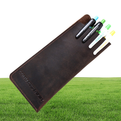Luxury Genuine Leather Pen Holder Vintage Fountain Ballpoint Pen Bag Portable Double Case Cute Pencil Pouch Office Bag Gift8591293