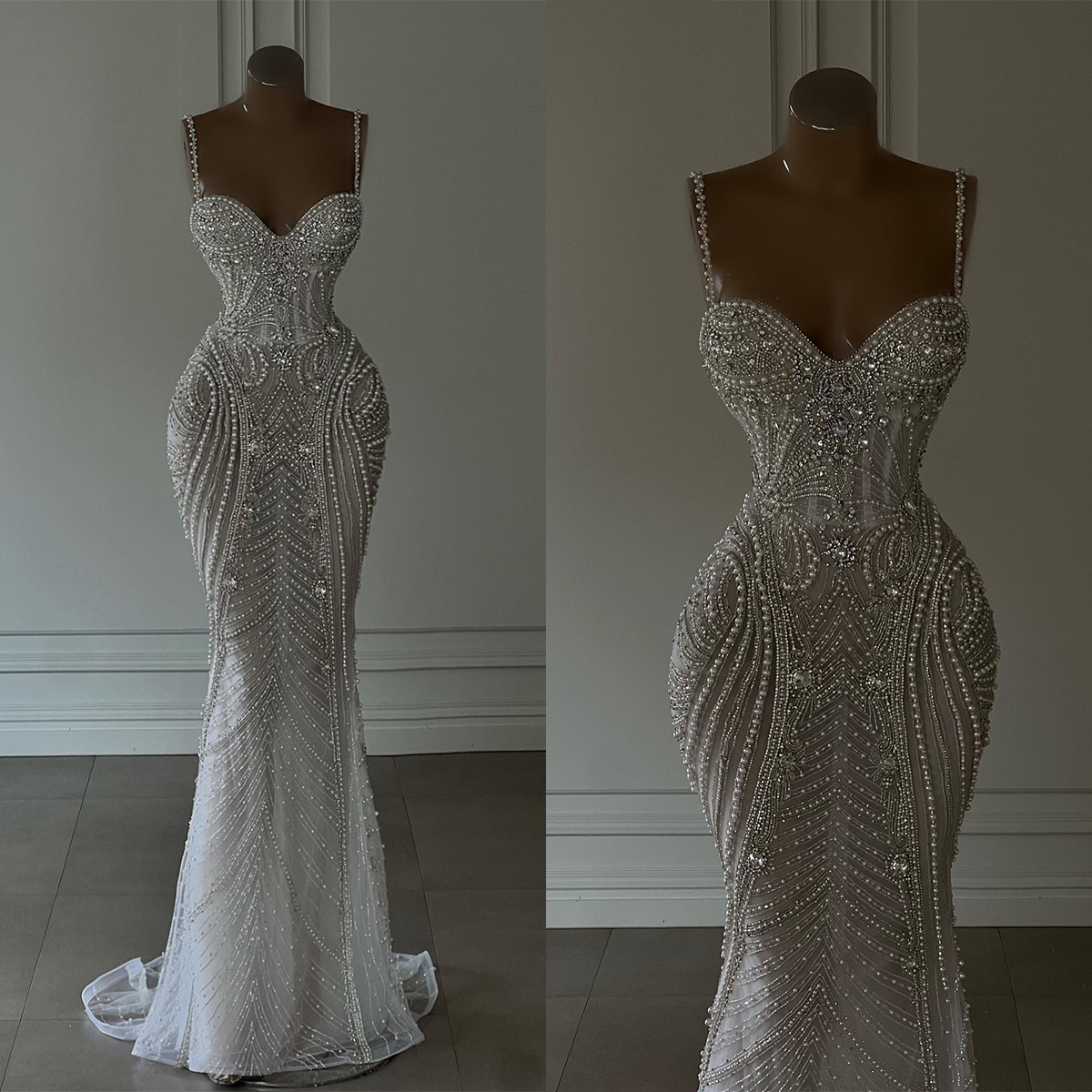 Luxury Mermaid Wedding Dresses Spaghetti Sweetheart Pearls Chain Beads Backless Zipper Floor Length Custom Custom Made Plus Size Bridal Gown Vestidos 