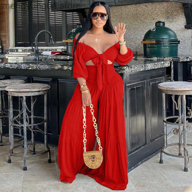 Women's Two Piece Pants Casual Loose Summer Outfits for Women 2 Piece Set Slash Neck Bow Tie Crop Top and Wide Leg Pants Suit Vacation Matching S