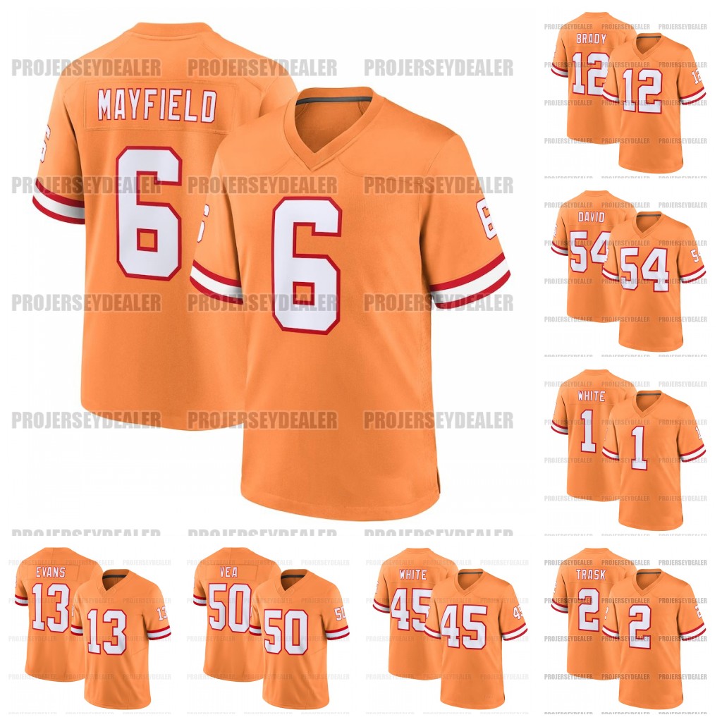 Baker 6 Mayfield Tom 12 Brady 2023 Orange Throwback Football Jersey Buccaneeres Mike Evans Devin White Kyle Trask Antoine Winfield Jr. Davis Tampas Bayes Vita Vea