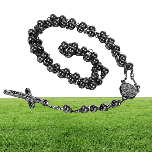 Men039s Women039s Stainless Steel Pendant Necklace Christ Jesus Crucifix Rosary Beads Ball Chain301O