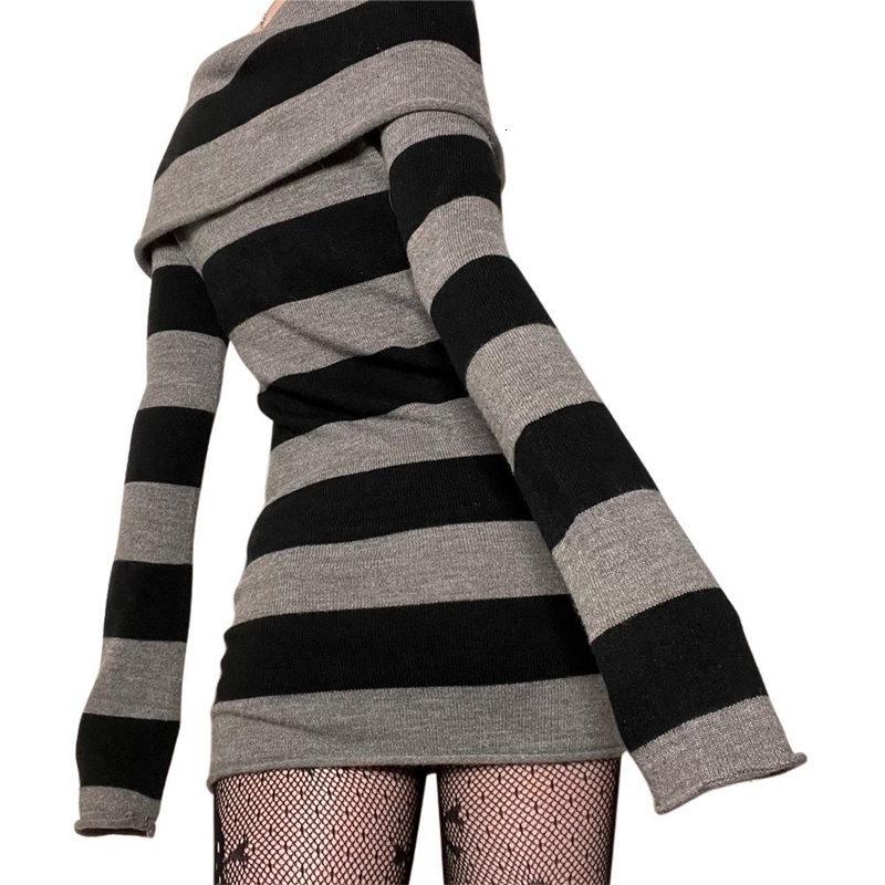 Urban Sexy Dresses Y2K Striped Sweater Mini Dress Mall Goth Grunge Emo Bodycon Chic Women Off Shoulder Full Sleeve Slim Fit Dresses 00s Vintage 230713