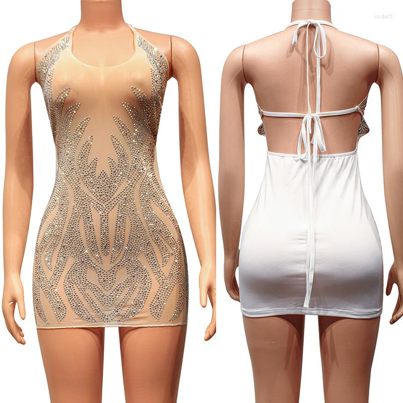 Casual Dresses Diamonds Rhinestone Party Birthday Dress For Women Night Club Mesh See Through Halter V-neck Backless Sexy Bodycon Mini AAA