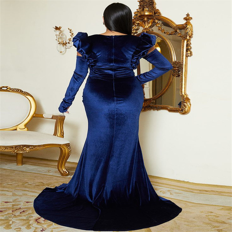 Plus Size Navy Blue Evening Dress 2023 Saudi Arabic Velvet Mermaid Long Prom Gown With Slit Elegant Formal Ruffle Party Special Occasion Dubai Abaya E