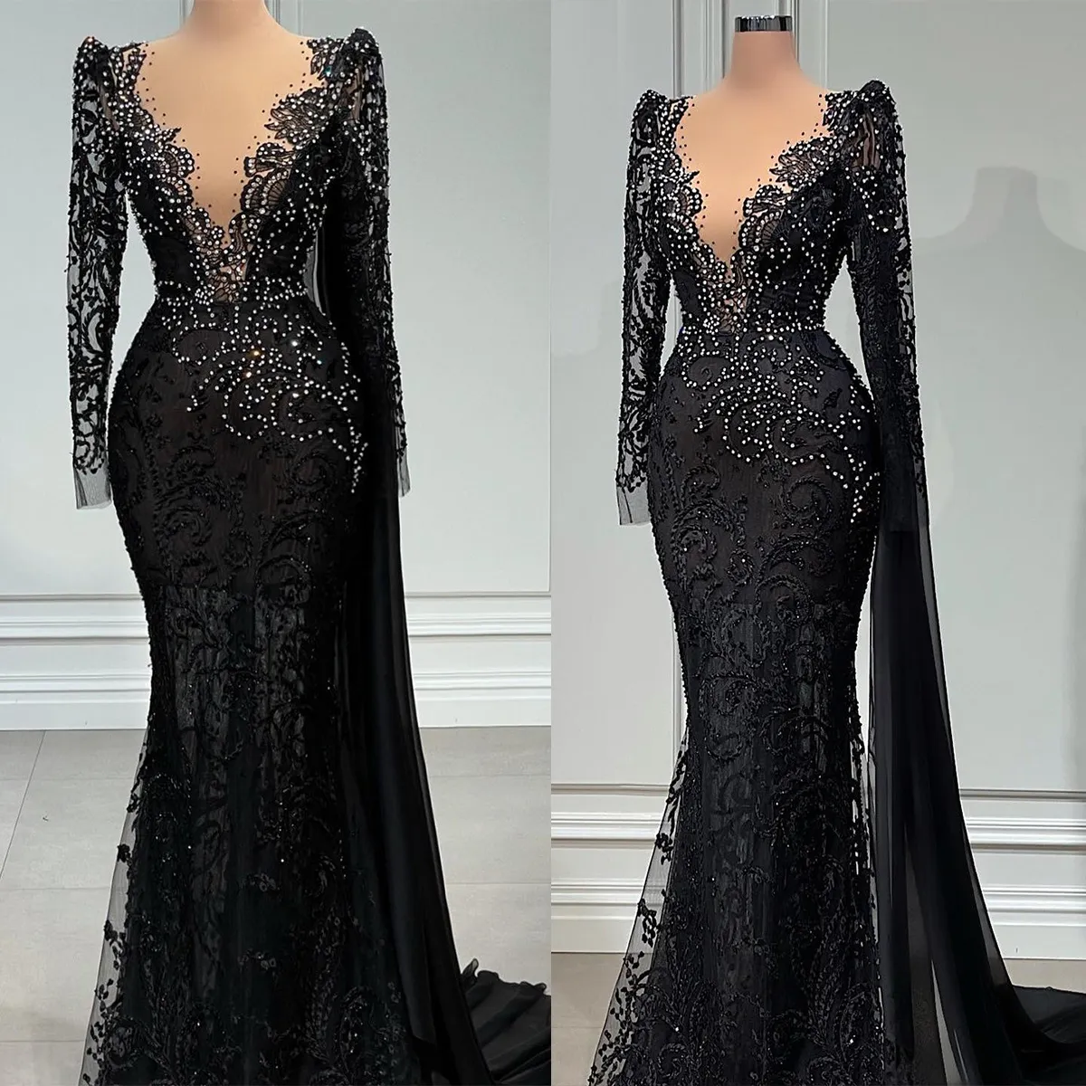 Black Mermaid Evening Dresses Long Sleeves Lace Applique Beaded Ruffles Sweep Train Plus Size Prom Gown Formal Custom Vestidos