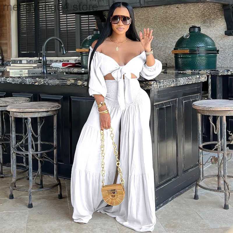 Women's Two Piece Pants Casual Loose Summer Outfits for Women 2 Piece Set Slash Neck Bow Tie Crop Top and Wide Leg Pants Suit Vacation Matching S