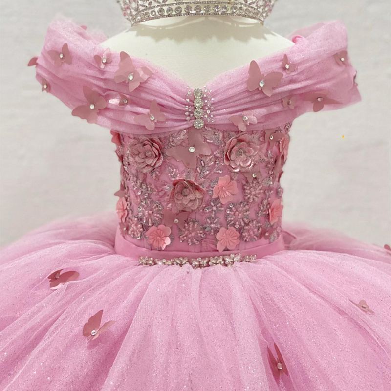 Pink Shiny Flower Girls Dress Off Shoulder Princess Ball Gown For Birthday Lace Crystals Beads Bow vestidos para ninas