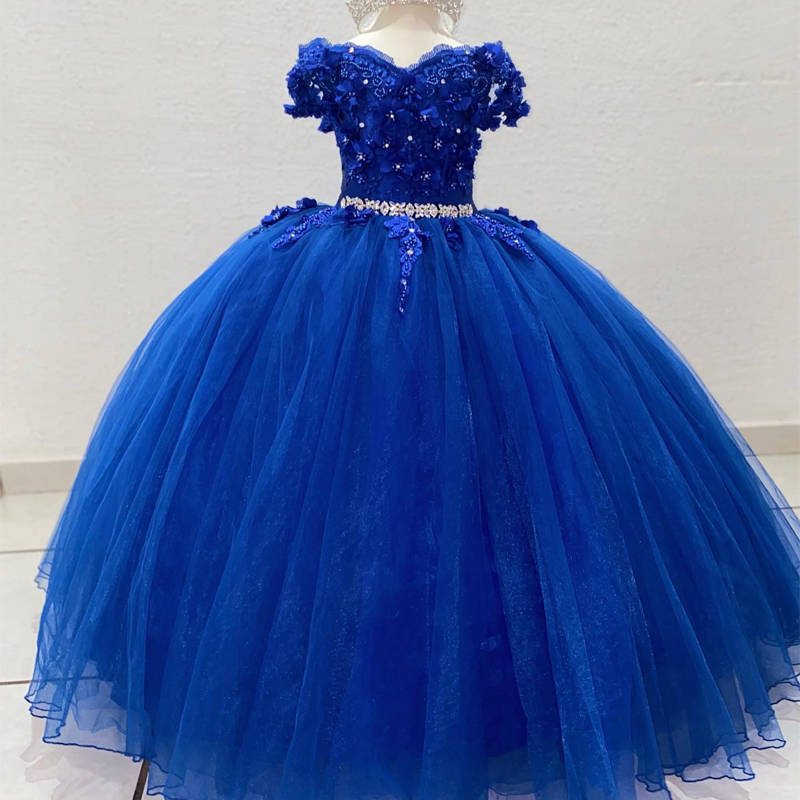 Luxury Royal Blue Shiny Flower Girls Dress For Wedding 3DFlower Appliques Crystal Ball Gowns Cute Child Dress vestidos para ninas
