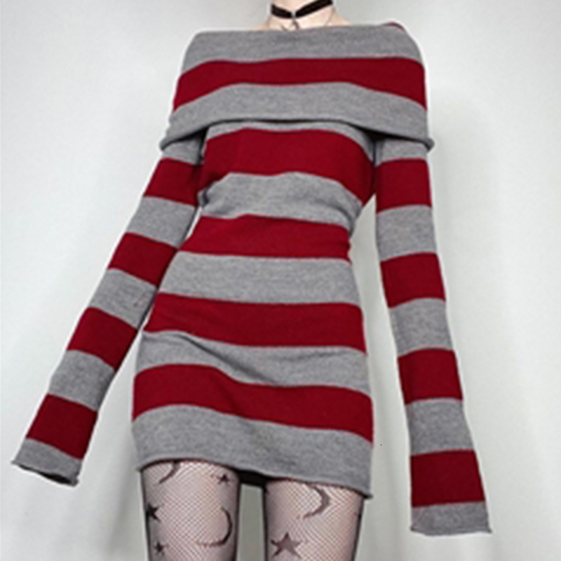 Urban Sexy Dresses Y2K Striped Sweater Mini Dress Mall Goth Grunge Emo Bodycon Chic Women Off Shoulder Full Sleeve Slim Fit Dresses 00s Vintage 230713