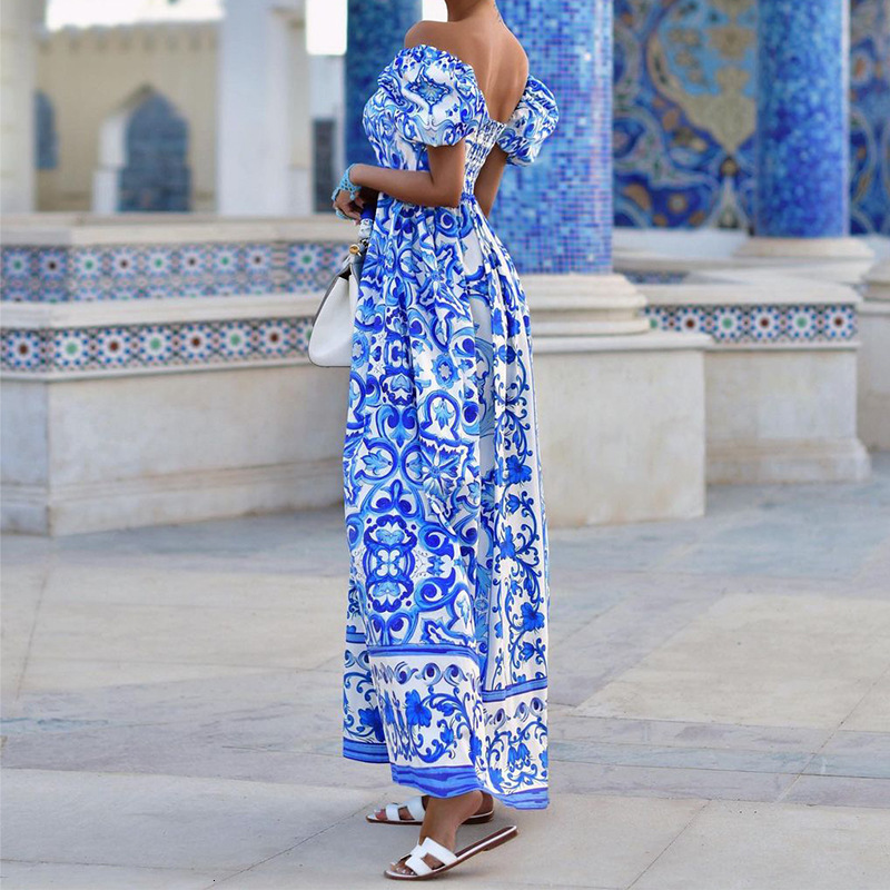 Basic Casual Dresses FD1247 Spring New Womens Fashion One Line Collar Bohemian Print Dress 210524