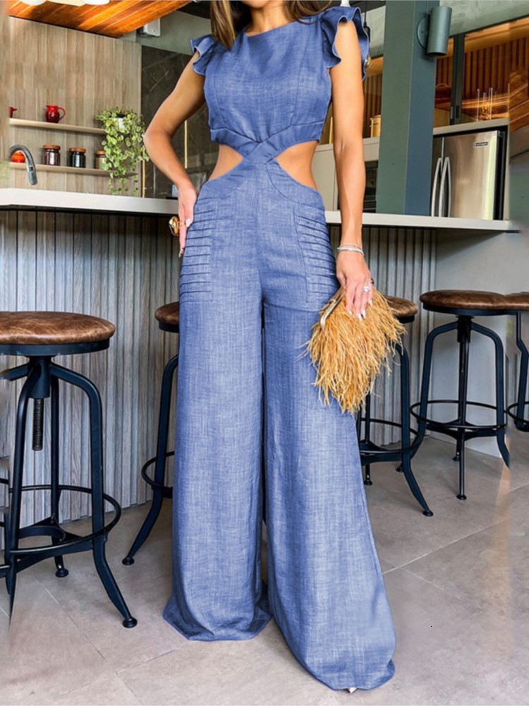 Women s Jumpsuits Romper Ruffle Hollow Out Jumpsuit Fashion Solid Round Neck Short Sleeve Open Waist Wide Leg Set Loose Bodysuit 230713