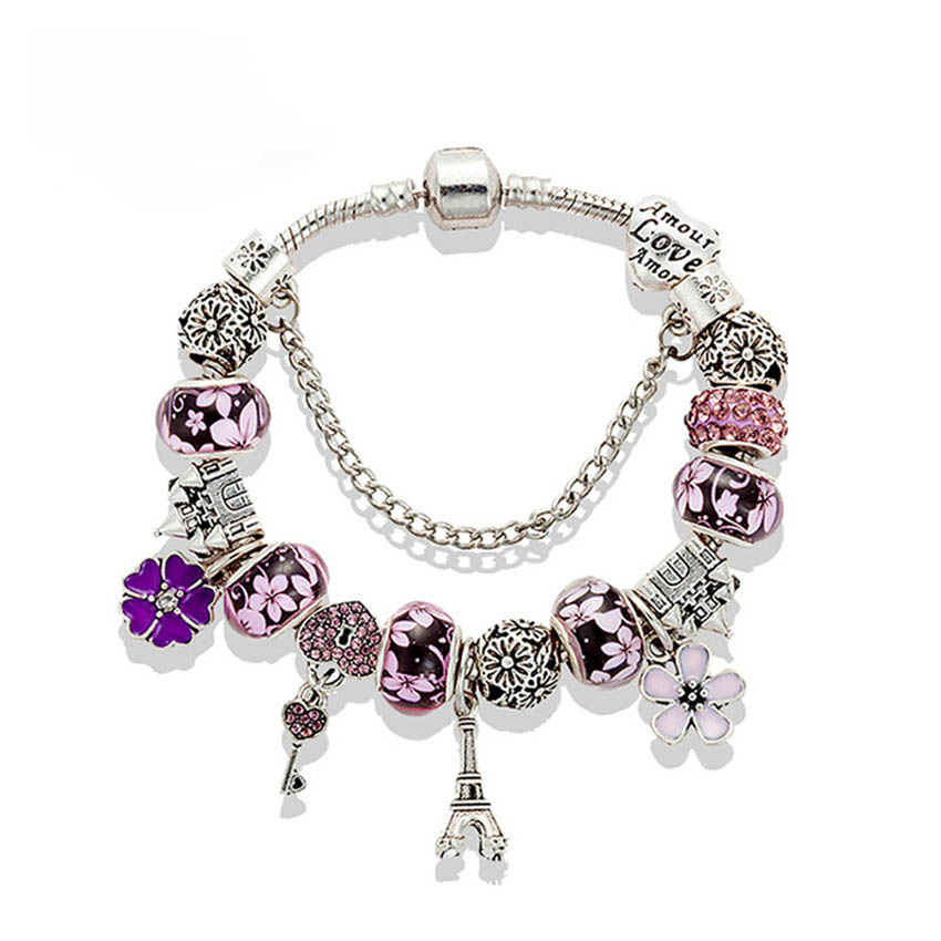 Iron tower Pendant Charm Bracelet 925 Silver Plated Snake Chain Bracelets Womens Party Jewelry Blue Pink Charms bracelet with Retail Box Factory wholesale