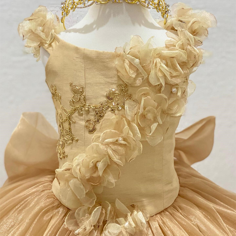 Luxury Gold Flower Girls Dress Off the Shoulder Appliques Pearls 3DFlower Ball Gowns Cute Child Dress vestidos para ninas