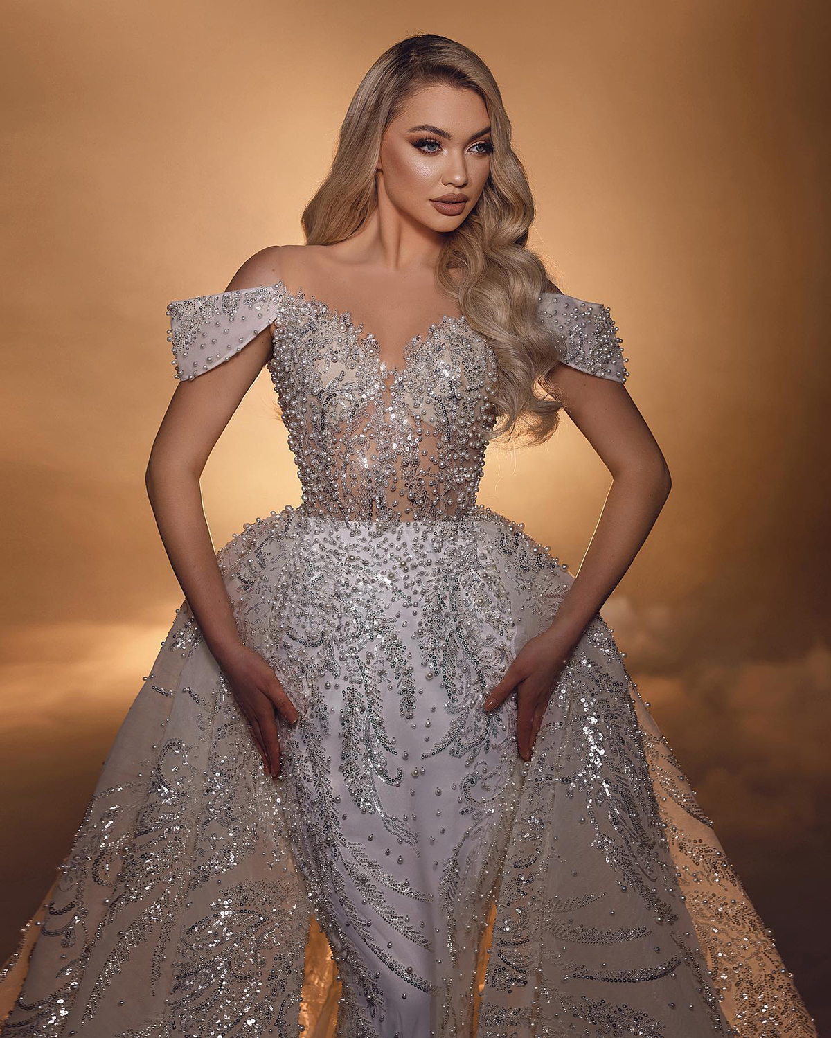 Elegant Beads Mermaid Wedding Dresses With Detachable Train Off The Shoulder Sequined Pearls Bridal Gowns