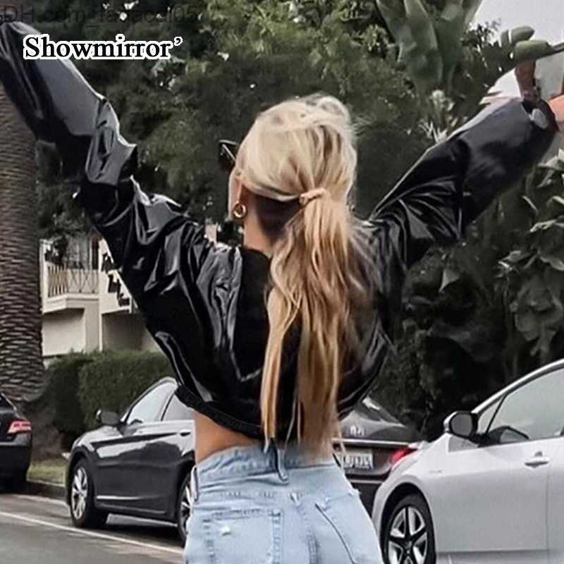 Women's Down Parkas ShowmirrorFashion PU leather jacket women's Hoodie jacket autumn 2021 black bomber women's oversized Y2k jacket Z23