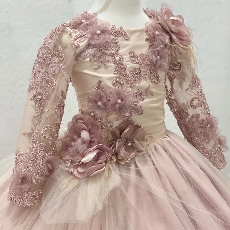 O-Neck Flower Girls Dress Princess Ball Gown For Birthday Applique 3DFlower Pearl Long Sleeved Gown Corset vestidos para ninas