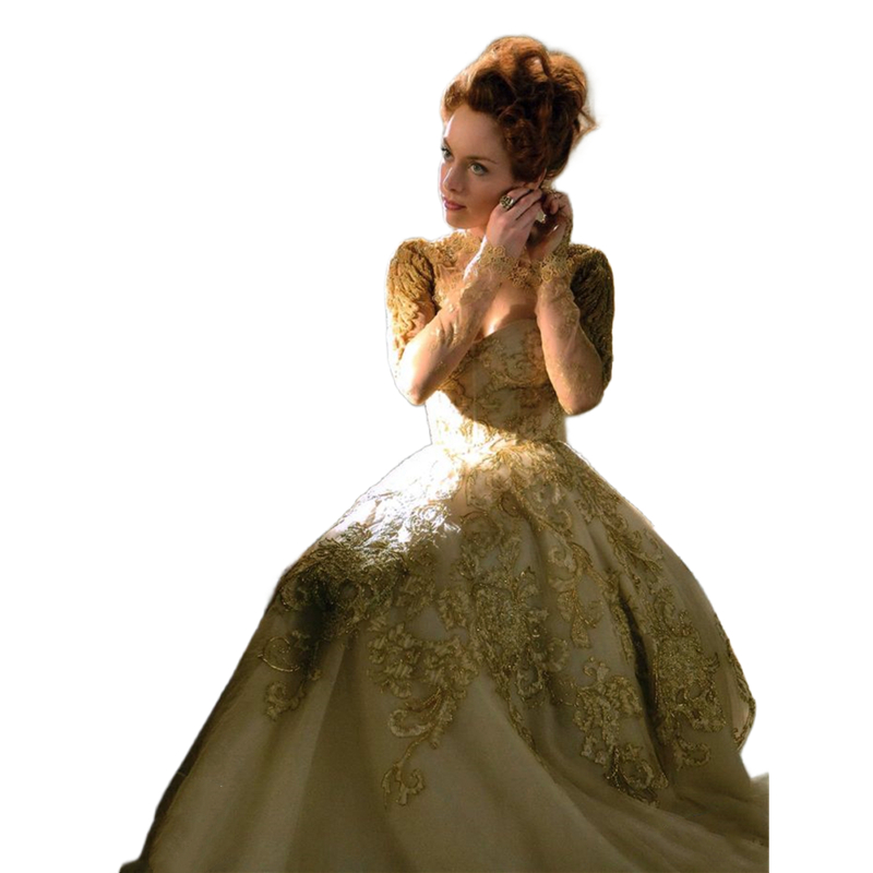 Vintage Victorian Gold Prom Dresses Lace Appliques Long Sleeves A Line Formal Evening Gowns Tulle High Neck Women Special Occasion Wear 2023