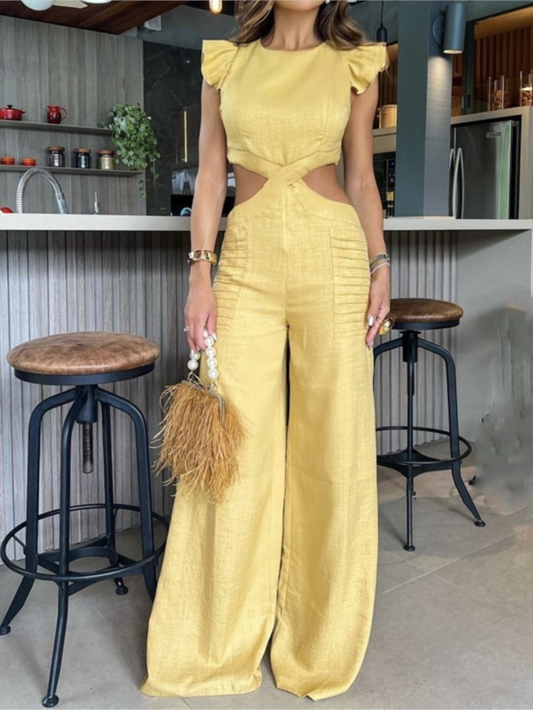 Women s Jumpsuits Romper Ruffle Hollow Out Jumpsuit Fashion Solid Round Neck Short Sleeve Open Waist Wide Leg Set Loose Bodysuit 230713