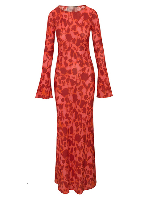 Urban Sexy Dresses JULISSA MO Ladies Elegant Chiffon Floral Print Flare Sleeve Maxi Dress For Women's Summer Slim Beach Holiday Party Dress Vesti