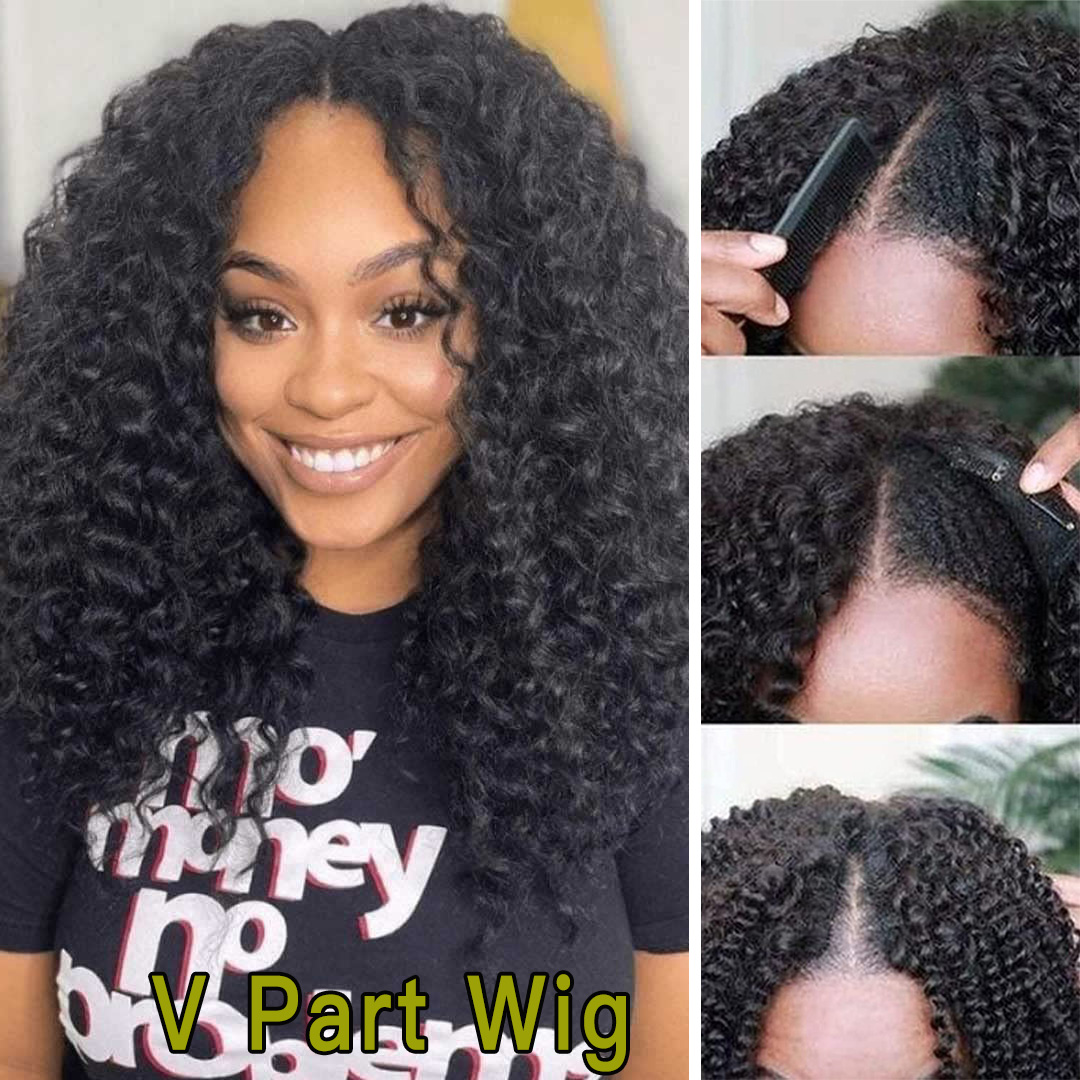 Short Kinky Curly V Part Wig Human Hair No Leave Out Brazilian Hair Wigs for Women 130 Density Deep Wave Curly Glueless VPart Wig