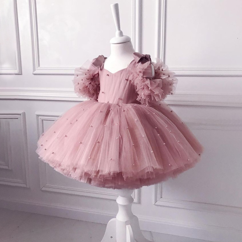Girl's Dresses Summer Dress 1 Year Flower Girl Pink Puffy Kid Tutu Christening Princess Vestido Toddler Birthday Children Baptism Baby Clothes 23