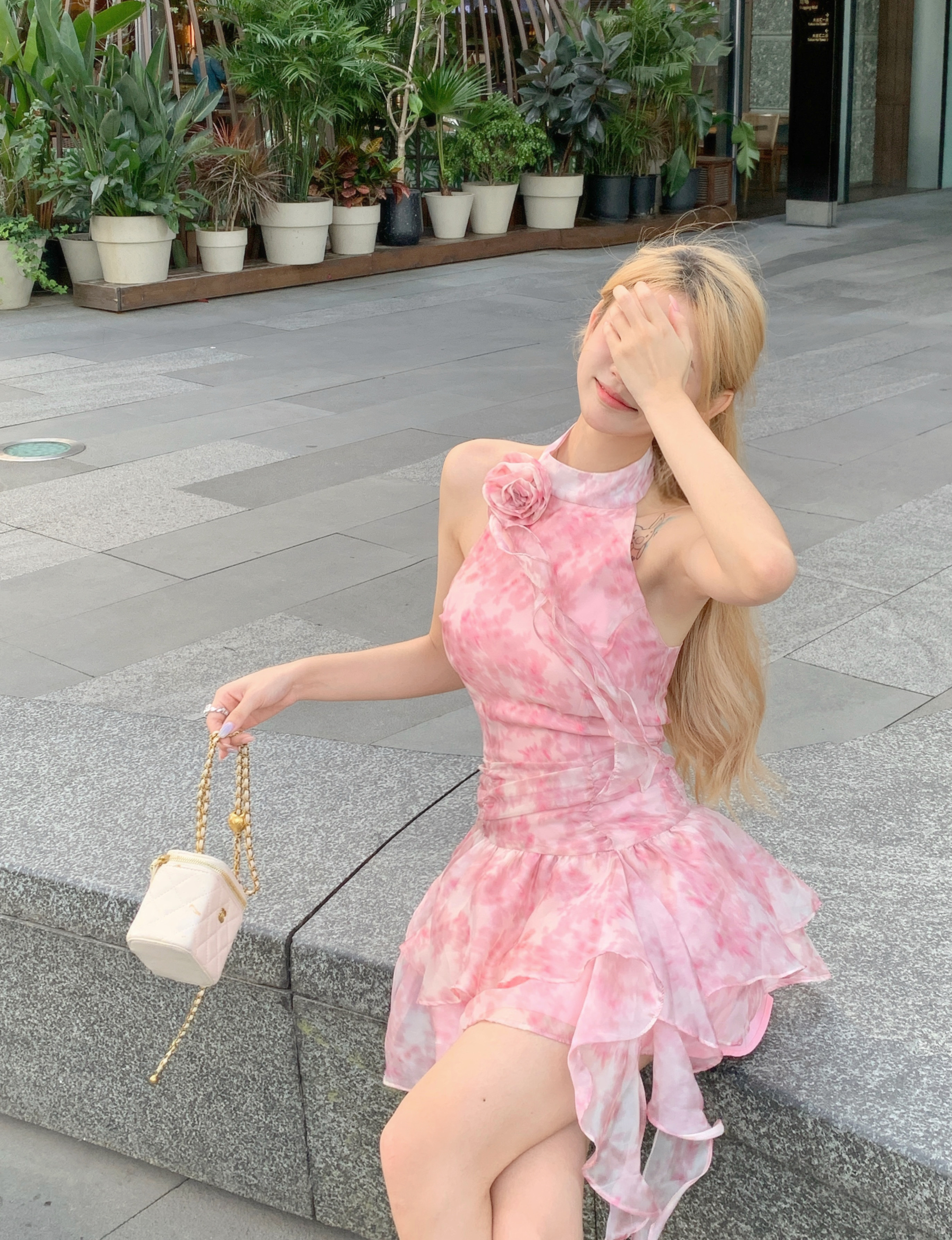 Womens cute sweet pink flower print halter neck sleeveless high waist layered ruffles short dress SM