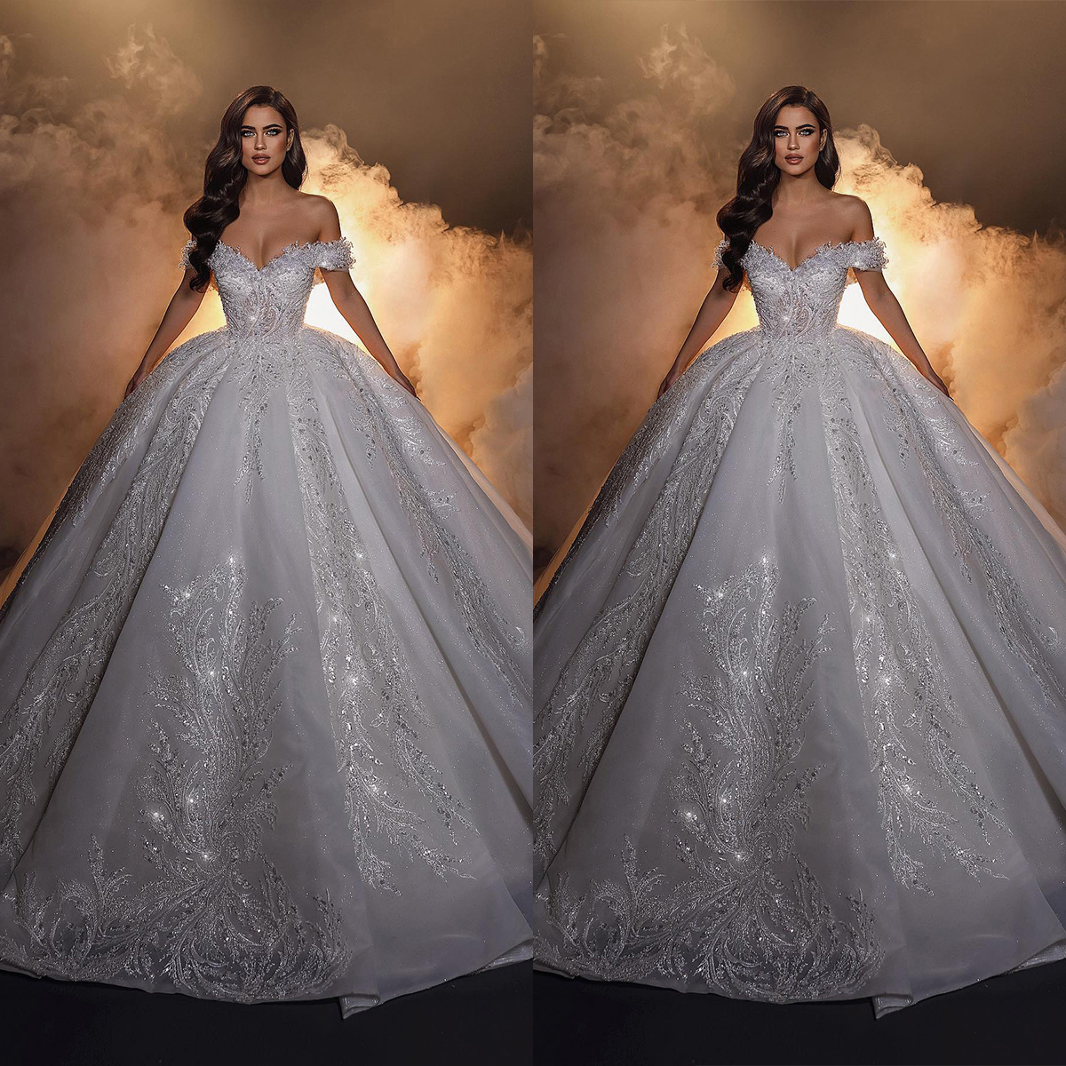 Gorgeous Ball Gown Wedding Dresses Off the Shoulder Shining Applicants Sequins Tulle Court Gown Overskirts Dress Custom Made Plus Size Bridal Gown Ves