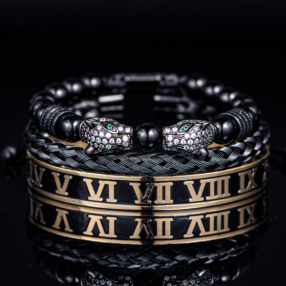 Luxury Set Bracelets Men Double Leopard head Handmade Enamel Roman Numeral Bangles Rope Buckle Stone Beads Jewelry