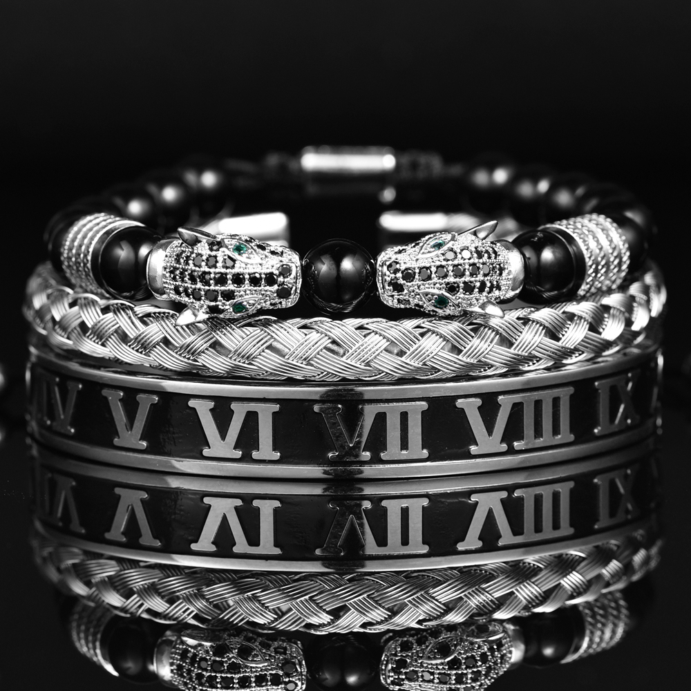 Luxury Set Bracelets Men Double Leopard head Handmade Enamel Roman Numeral Bangles Rope Buckle Stone Beads Jewelry