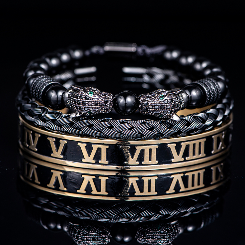 Luxury Set Bracelets Men Double Leopard head Handmade Enamel Roman Numeral Bangles Rope Buckle Stone Beads Jewelry