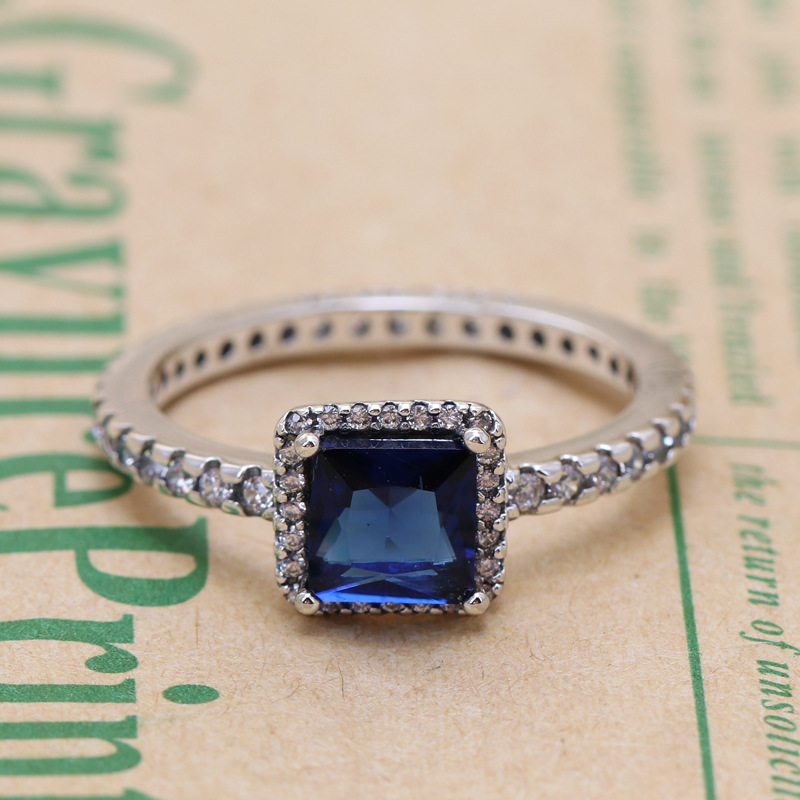 Women's Rose Gold Square Cubic Zirconia Ring with Blue Crystal - Customizable Luxury Fashion Jewelry