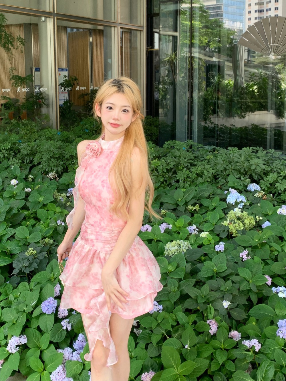 Womens cute sweet pink flower print halter neck sleeveless high waist layered ruffles short dress SM