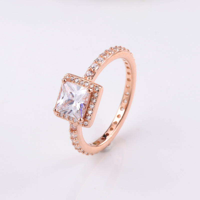 Women's Rose Gold Square Cubic Zirconia Ring with Blue Crystal - Customizable Luxury Fashion Jewelry
