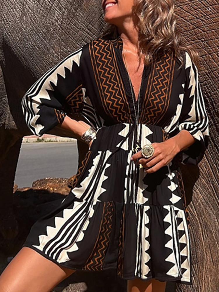 Casual Dresses V Neck Femme 2024 Three Quarter Sleeve Dress Women Patchwork Mini Print Spring Summer Party Club Slim Elastic Waist